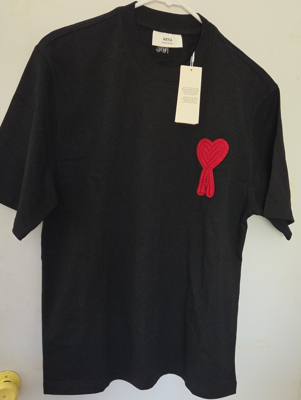 Ami Paris Black Short-Sleeve Tee with Red Heart Patch